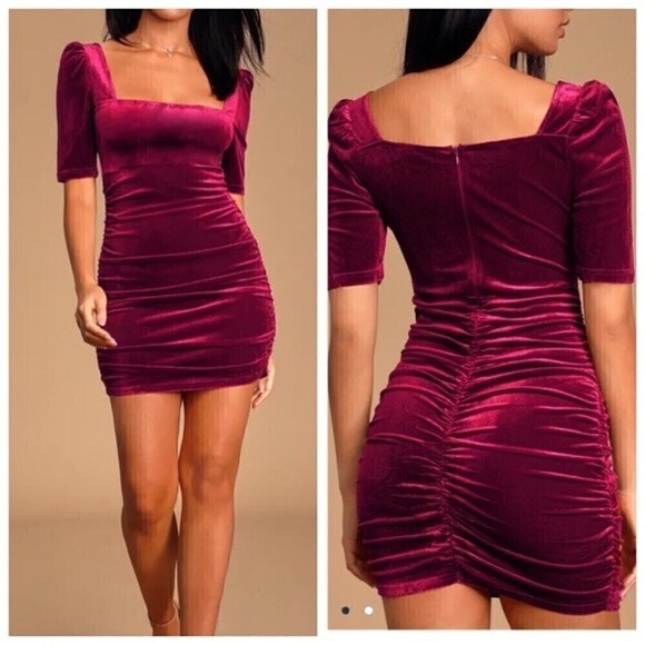 NEW NWT LULUS All The Sass Wine Red Velvet Square Neck Puff Sleeve Dress Large - Picture 1 of 7